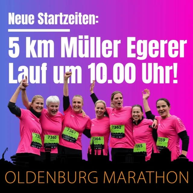 Unsere Kurzstreckler wollen auch mal laufen, wenn alle Zuschauer noch voll fit sind 🎉 👏
Deshalb neue Startzeit 10 Uhr.
10 km und HM starten eine halbe Stunde später als in den letzten Jahren. Jetzt anmelden unter oldenburg-marathon.de 😍