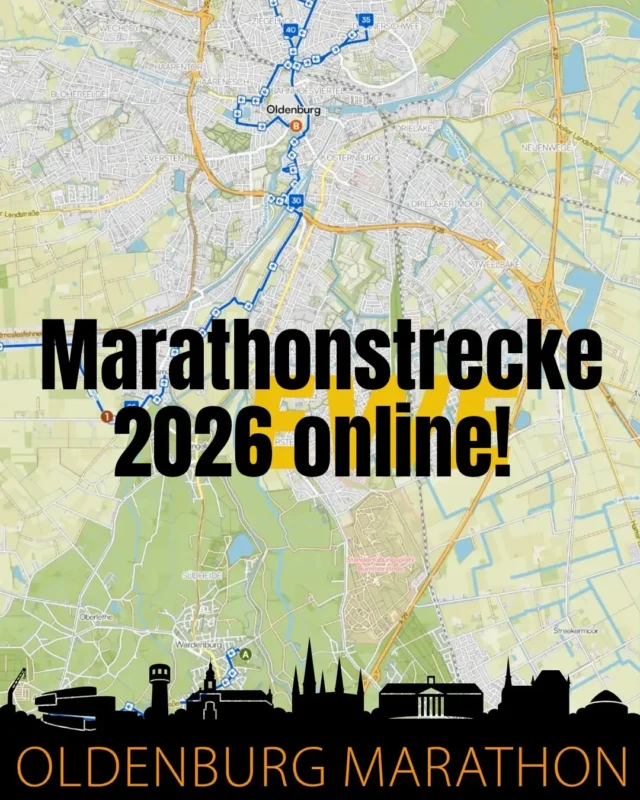 Zum Vorfreuen, Probelaufen oder Postieren von Fans: die EWE Marathonstrecke 2026 ab Wardenburg ist online! Als gpx Download oder Vorschau auf komoot. Schaut unter oldenburg-marathon.de/marathon unter "Strecke".